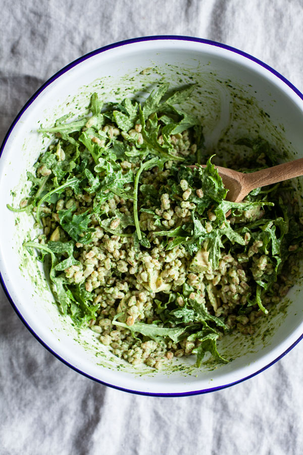 Pesto Farro & Baby Kale Salad | The Full Helping