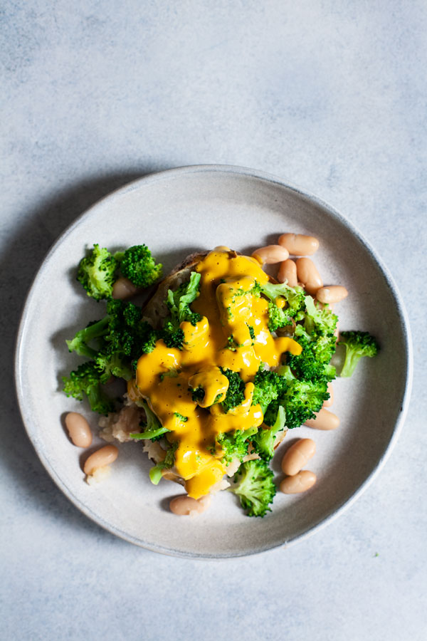 Easy Cheesy Vegan Loaded Potatoes with Broccoli & White Beans | The Full Helping