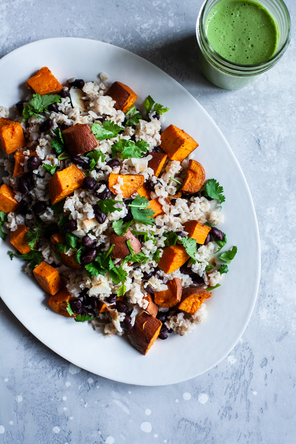 Coconut Brown Rice, Black Beans, & Sweet Potato with Cashew Cilantro Lime Sauce | The Full Helping