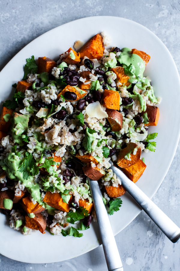 Coconut Brown Rice, Black Beans, & Sweet Potato with Cashew Cilantro Lime Sauce | The Full Helping