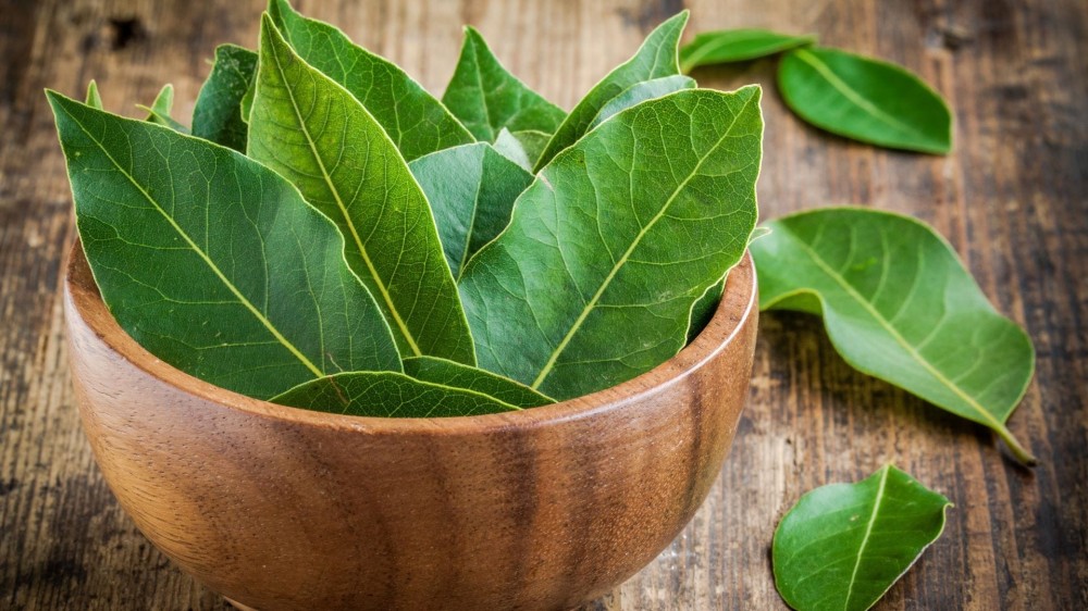 A wooden bowl full of bay leaves.