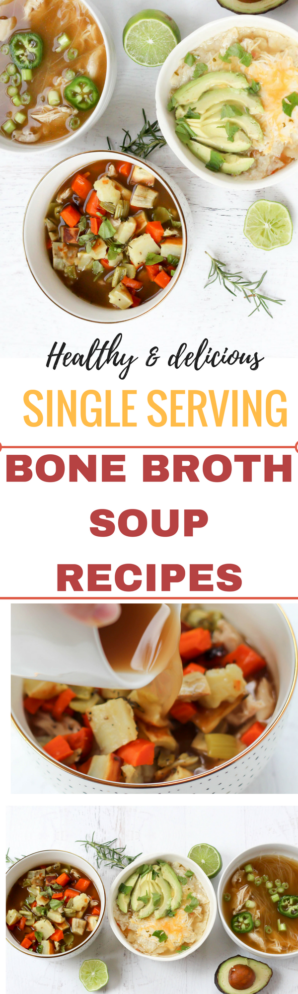 Single serving bone broth soup recipes. These are amazing for healthy packed lunches, or as part of weekly meal prep. fitnessista.com