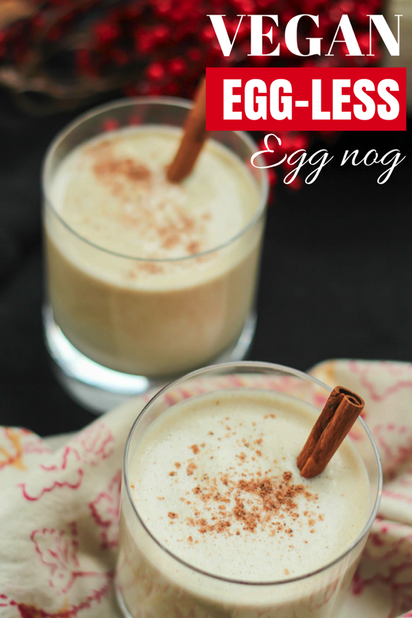 Vegan eggnog! This eggless eggnog has all of the flavor and texture of regular eggnog. This is a festive and healthy holiday drink! Recipe here: fitnessista.com #eggnogrecipe #veganeggnog #egglesseggnog