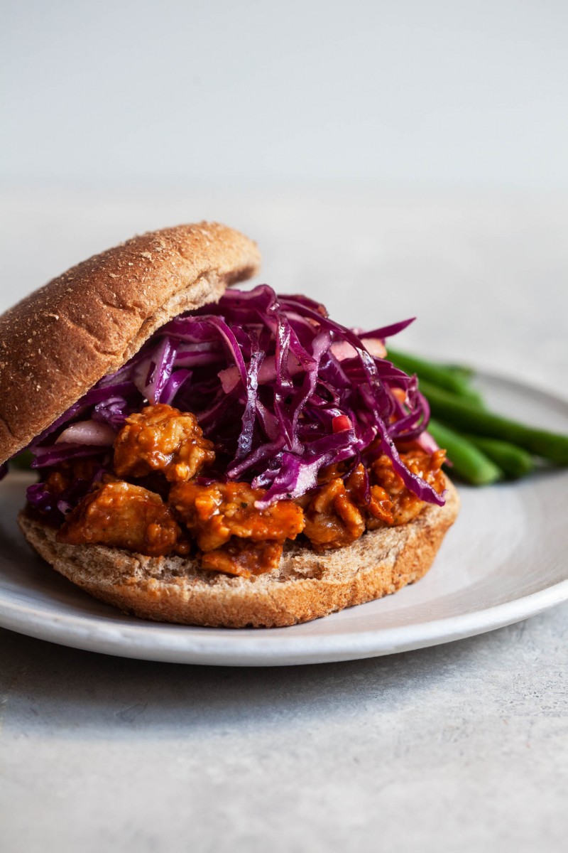 BBQ Soy Curl & Cabbage Apple Slaw Sandwiches | The Full Helping