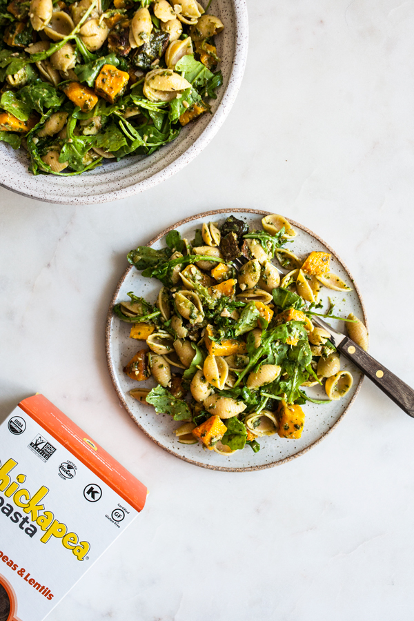 Roasted Butternut Squash, Zucchini & Arugula Pesto Pasta Salad | The Full Helping