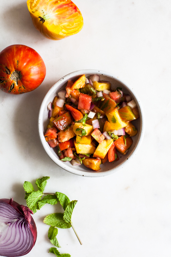 Crispy Vegan Cornmeal Waffles with Heirloom Tomato Peach Salsa | The Full Helping