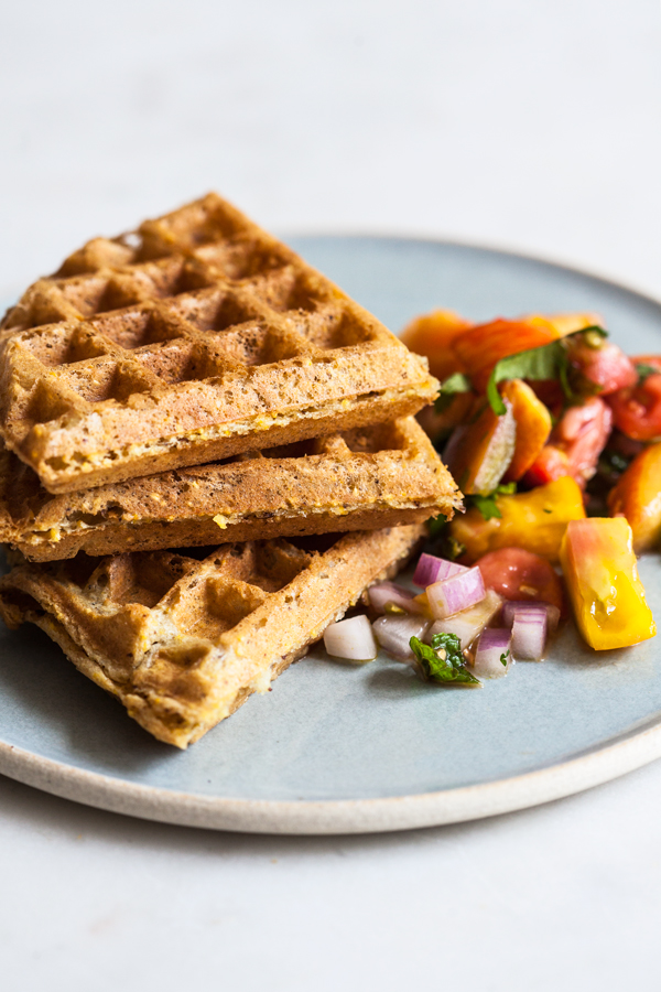 Crispy Vegan Cornmeal Waffles with Heirloom Tomato Peach Salsa | The Full Helping