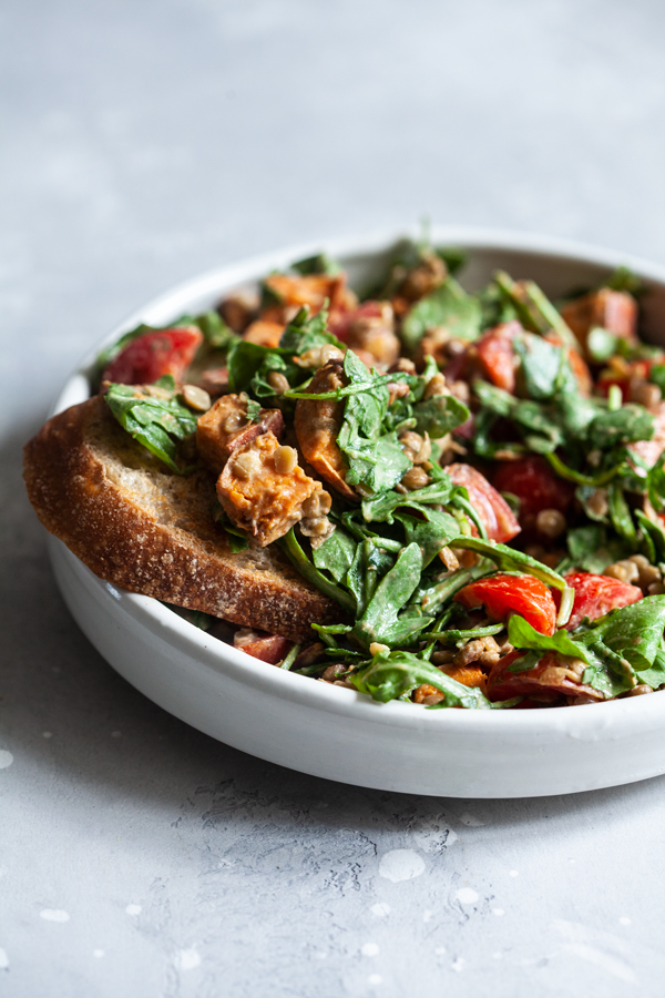 Tahini Mustard Sweet Potato, Lentil, and Arugula Salad | The Full Helping