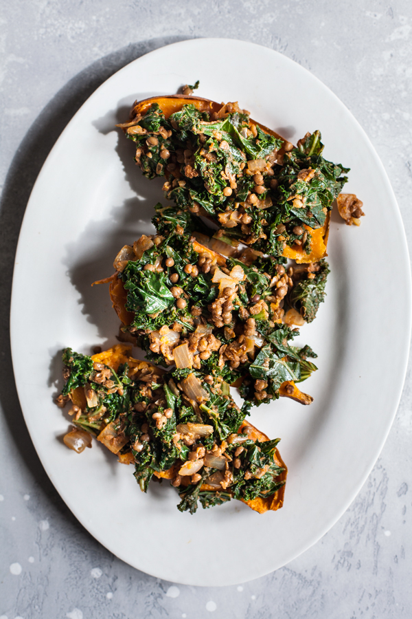 Smoky Lentil Kale Stuffed Sweet Potatoes with Pumpkin Seed Cream | The Full Helping