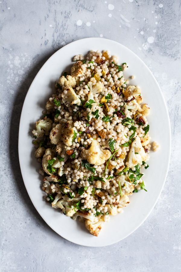 Israeli Couscous Salad with Roasted Cauliflower, Pistachios & Dates | The Full Helping