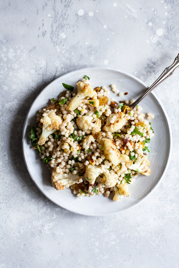 Israeli Couscous Salad with Roasted Cauliflower, Pistachios & Dates | The Full Helping