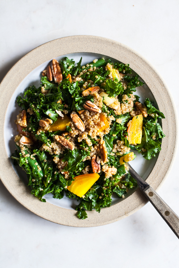 Maple Mustard Kale, Quinoa & Toasted Pecan Salad | The Full Helping