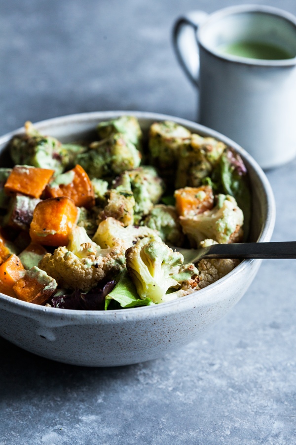 Roasted Vegetable & Kale Puff Nourish bowls with Creamy Hemp Herb Dressing | The Full Helping