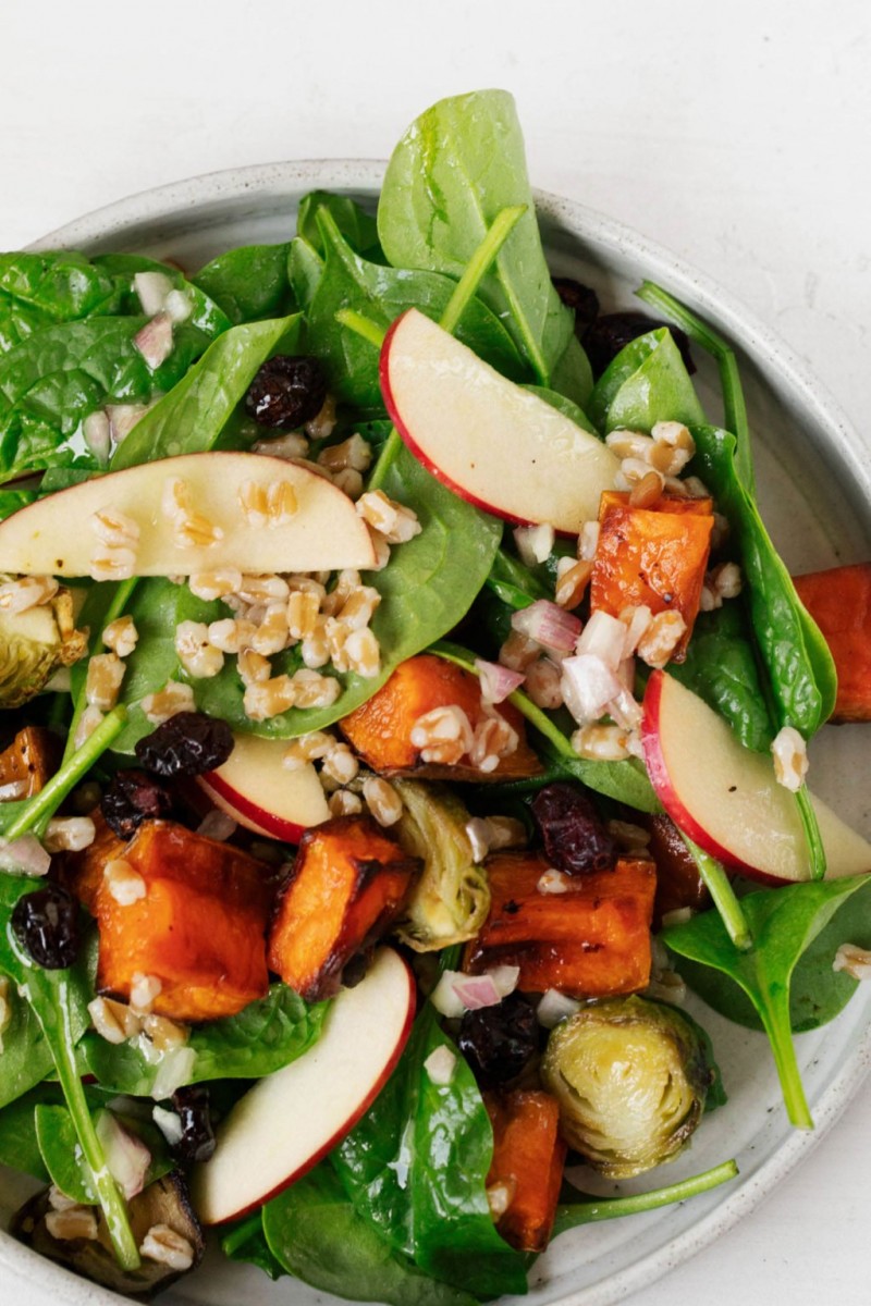 A zoomed in, overhead image of a vegan harvest salad. It has chunks of roasted sweet potatoes, thin slices of roasted apple, leafy greens, and dried fruit.