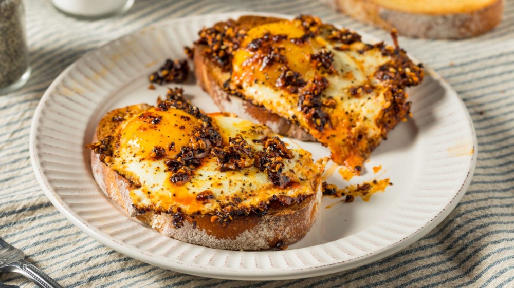 Chili crisp fried eggs on toast